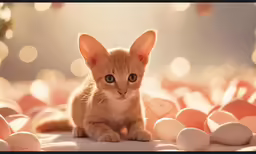 a cute kitten is sitting in a bunch of eggs