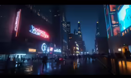 a city street at night with large lighted signs on buildings