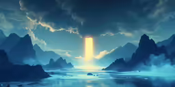 a surreal landscape with an arch in the sky