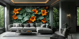 this living room has an artistic floral mural behind the couch