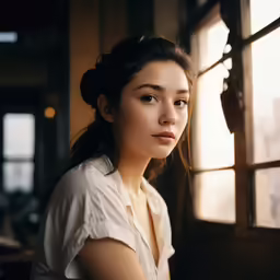 an asian woman with dark hair, in front of a window