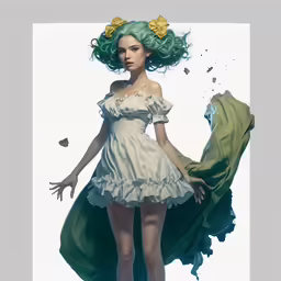 a young woman with green hair wearing a short dress