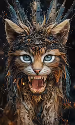 a digital painting of a cat with some feathers on its head