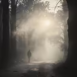 a person walking down a road surrounded by trees