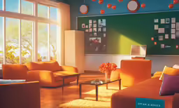 a room is shown with couches, chairs and windows
