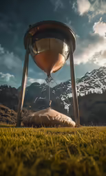a picture of an old clock on a stand in the grass
