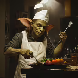 the green man is cooking the meal on the kitchen counter