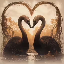 a couple of swans in the water with a heart shape made from branches