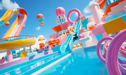a colorful water park with a water slide