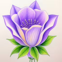this is a drawing of a flower with leaves,a drawing of a flower with some leaves and a bud on it,a drawing of a flower in pastel pencil,a drawing of a purple and yellow flower,a drawing of a purple flower that is ready to be colored