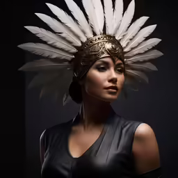 a young lady wearing a headdress and feather headdress