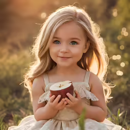 a young girl holds a apple in front of the camera