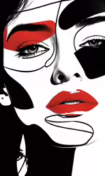 a woman with red makeup and makeup looks to her right