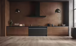 large kitchen with dark cabinets and wooden flooring