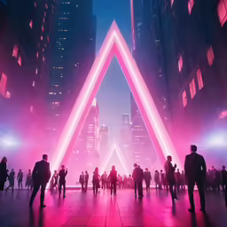 people walking around on a city street at night with a pink light