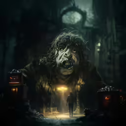 the monster is standing near two men with an umbrella in the dark
