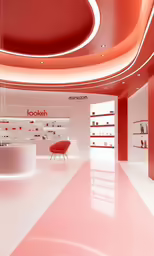 a modern shop with red and white accessories