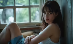 a woman sitting on top of a bed next to a window