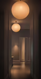 a hallway with several lights hanging from the ceiling