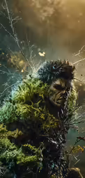 an artistic painting with foliage surrounding him
