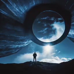 a man stands in front of a circular thing