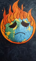 there is a drawing of a sad face on fire