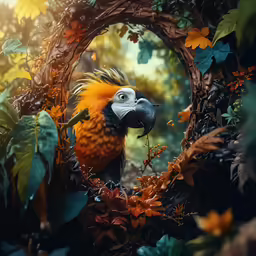 a close - up of a colorful bird in the middle of trees