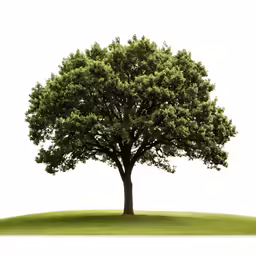 a green tree stands on an expanse of green grass