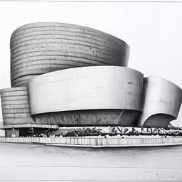 a drawing of a building with large circular walls