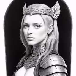 a woman wearing armor is posed for a black and white photo