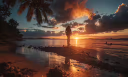 two people at the beach while the sun is setting