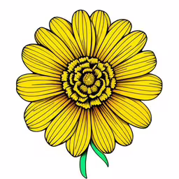 a large flower with a green stem and leaves,a drawing of a yellow flower with a green stem