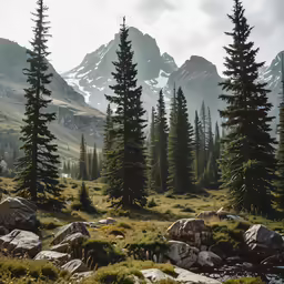 an alpine landscape with lots of tall pine trees