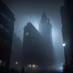 a foggy, rainy and gloomy city street with tall buildings