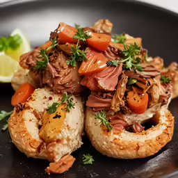 a plate of food with mushrooms, carrots and other items