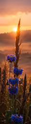the sun rises over the horizon and illuminates blue flowers