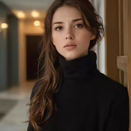 a beautiful young lady leaning on the side of a building