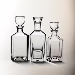 three glass vases and an empty bottle on the table