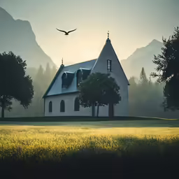 a bird flies near an old church with mountains in the background