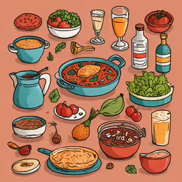 food with drinks and a pitcher,a colorful illustration of a variety of food