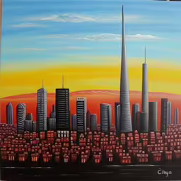 this is a painting of a city with skyscrapers in the distance,this painting depicts the skyline of a tall city,a painting on the wall of a city,a painting on a wood frame with a city background,a painting of city buildings and red hills