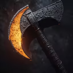 an old axe with yellow fire and black background
