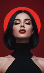 a woman with black hair wearing red lipstick