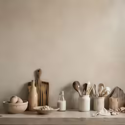 a table with jars and spoons sitting on it