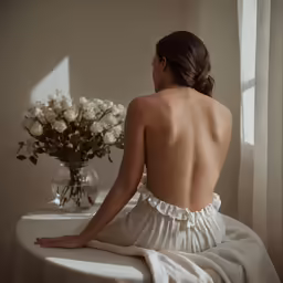 back view of woman sitting and facing off to side on white linen covered table