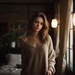 a women who is standing in front of a window