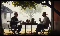 two men sit together outside at the table in the daytime