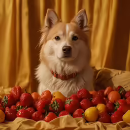 a close up of a dog in front of a pile of fruit