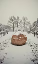 large rock sitting next to a wooden rail in snow