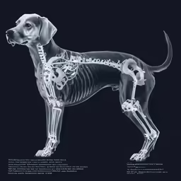 a dog in skeletal attire with bones on his back